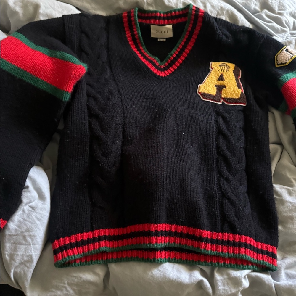 Gucci Black V-Neck Sweater with Red Accents